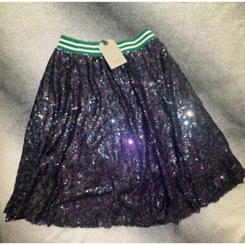 (CL) Zara Girls Sequin Skirt Iridescent Green Striped Waistband‎ Size 13-14 NWT